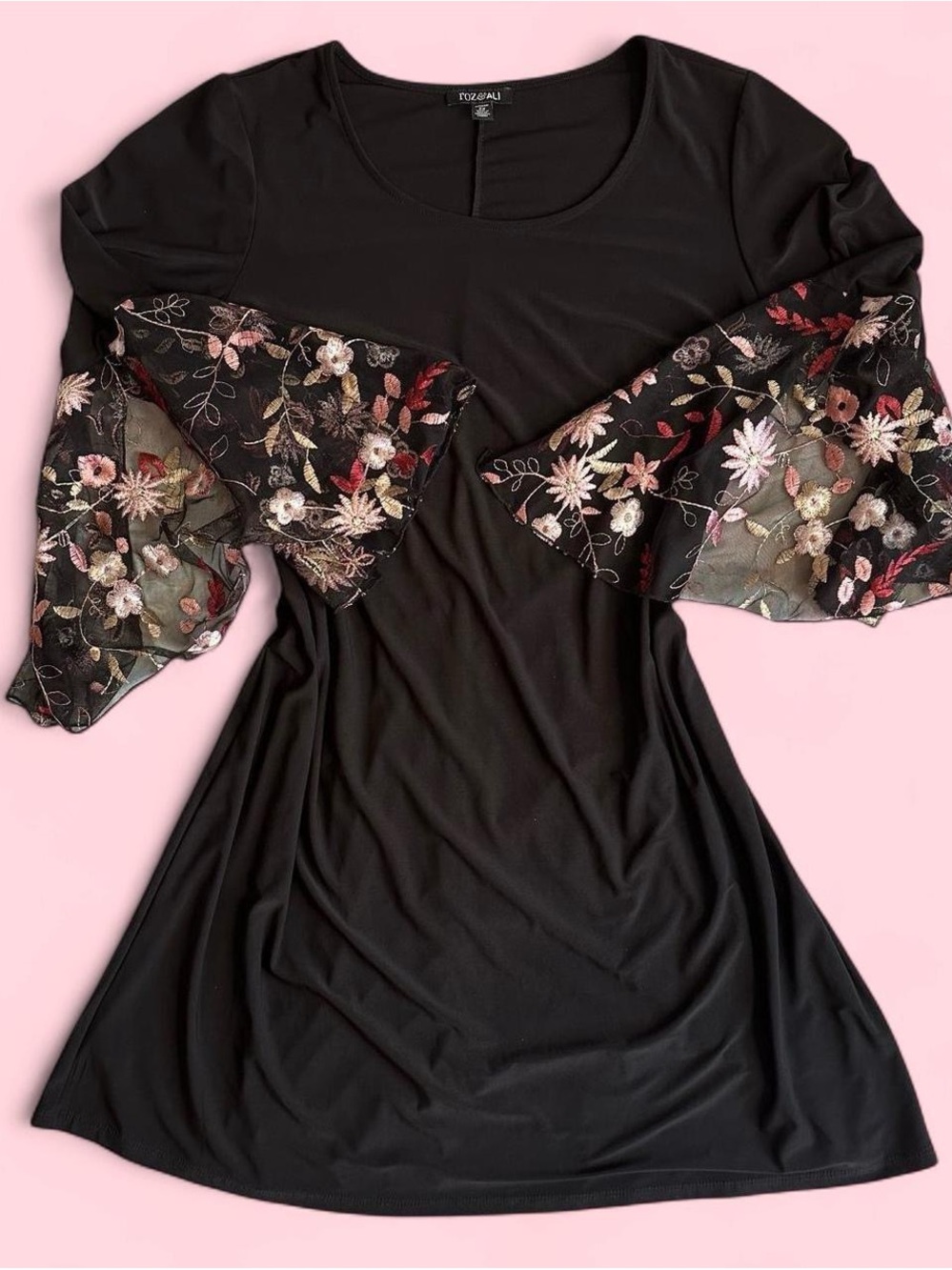 Roz & Ali Black Long Sleeve Dress with Floral Mesh Bell Sleeves